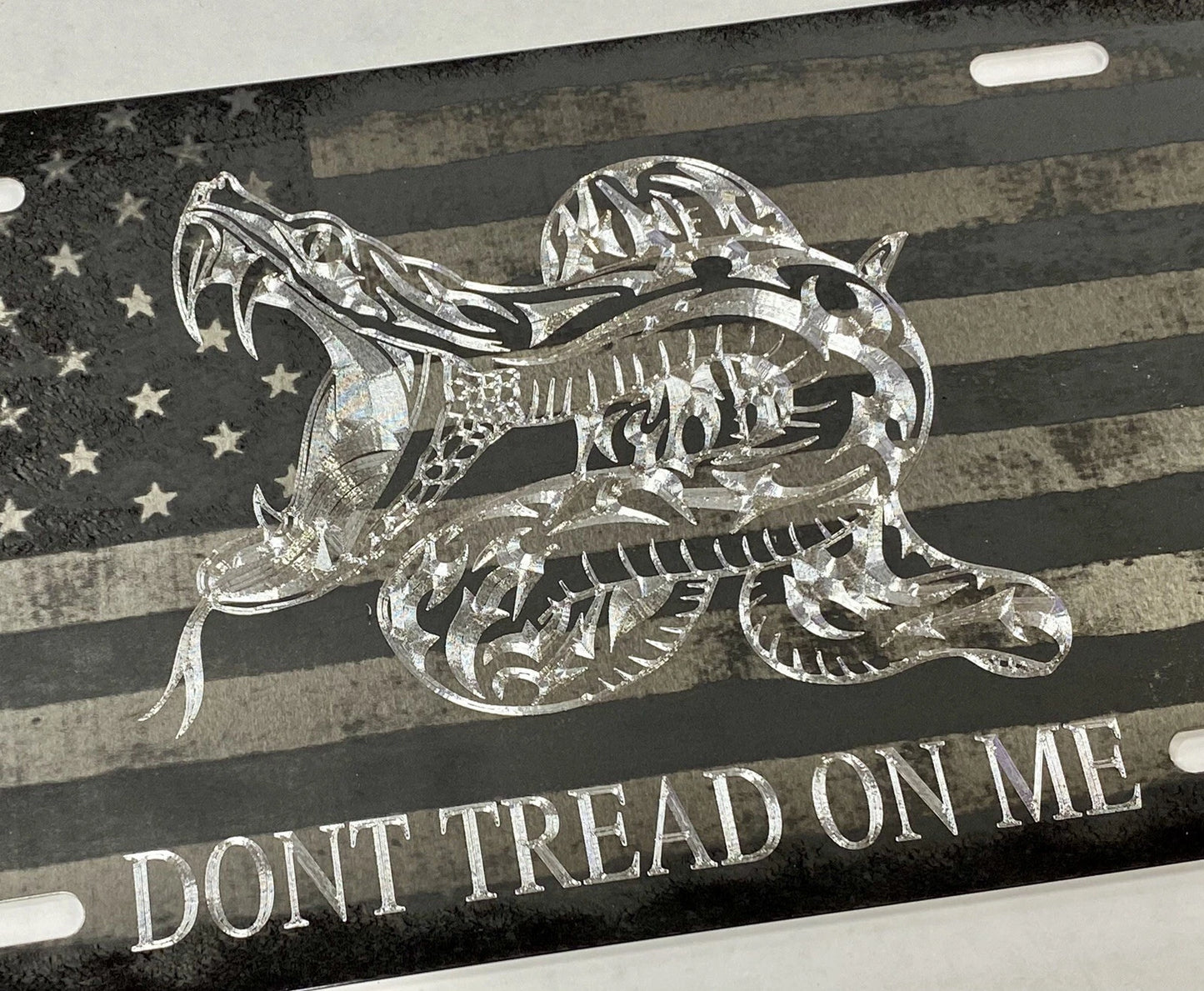 Engraved US Flag Gadsden DONT TREAD ON ME Car Tag Diamond Etched License Plate