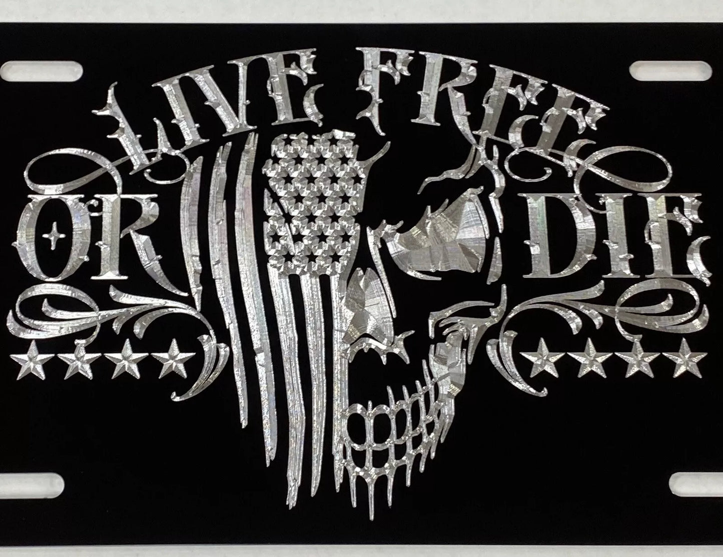 US Flag LIVE FREE OR DIE Skull Patriotic Car Tag Diamond Etched License Plate