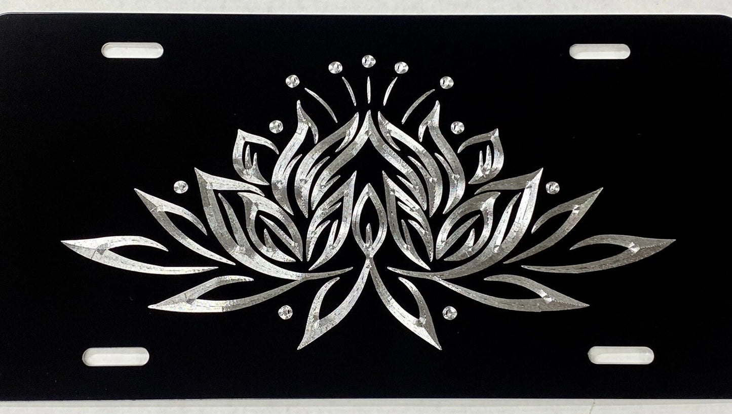 Lotus Flower Diamond Etched REFLECTIVE Engraved License Plate Metal Car Tag Gift