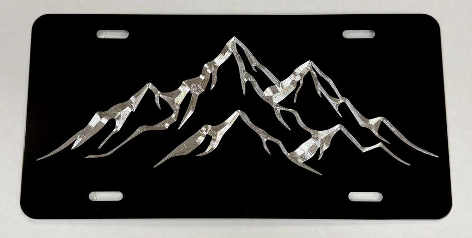 REFLECTIVE Engraved Mountains Car Tag Diamond Etched Black License Plate Gift