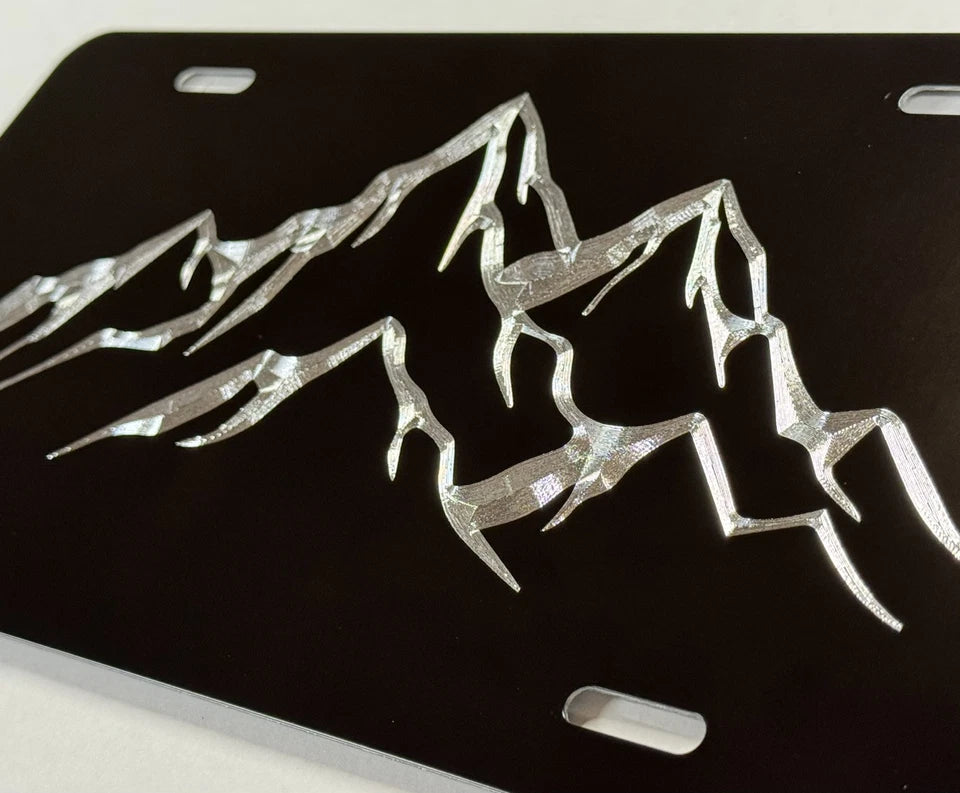 REFLECTIVE Engraved Mountains Car Tag Diamond Etched Black License Plate Gift