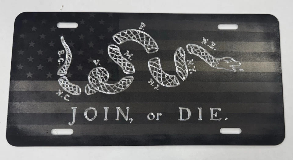 Combo Laser & Diamond Engraved US Join or Die Car Tag