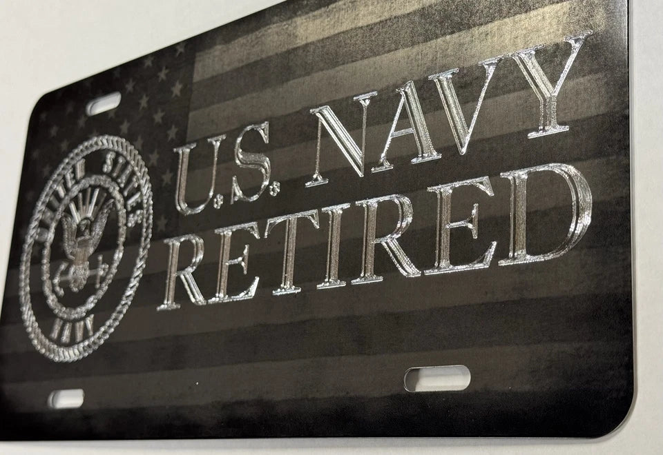 Combo Laser & Diamond Engraved US Navy Retired Car Tag