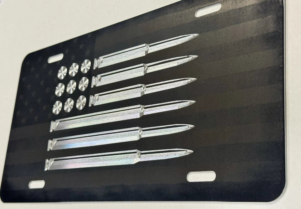 Combo Laser & Diamond Etched US Flag Gun Bullet Car Tag