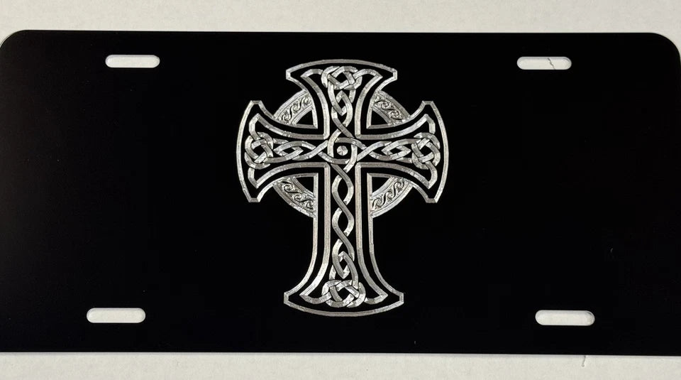 Silver Engraved Celtic Cross Car Tag