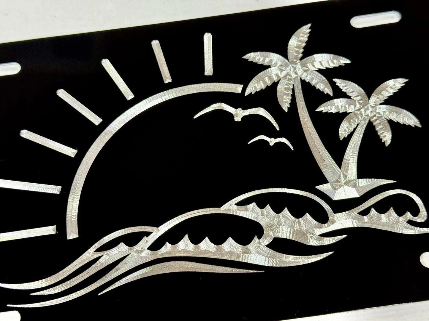 Beach Palm Tree Car Tag Diamond Etched Black Metal Vanity Front License Plate