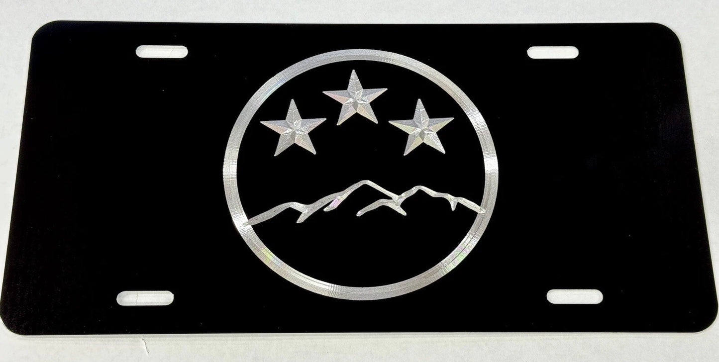 Engraved Tennessee TN State Flag Mountains Diamond Etched License Plate Car Tag