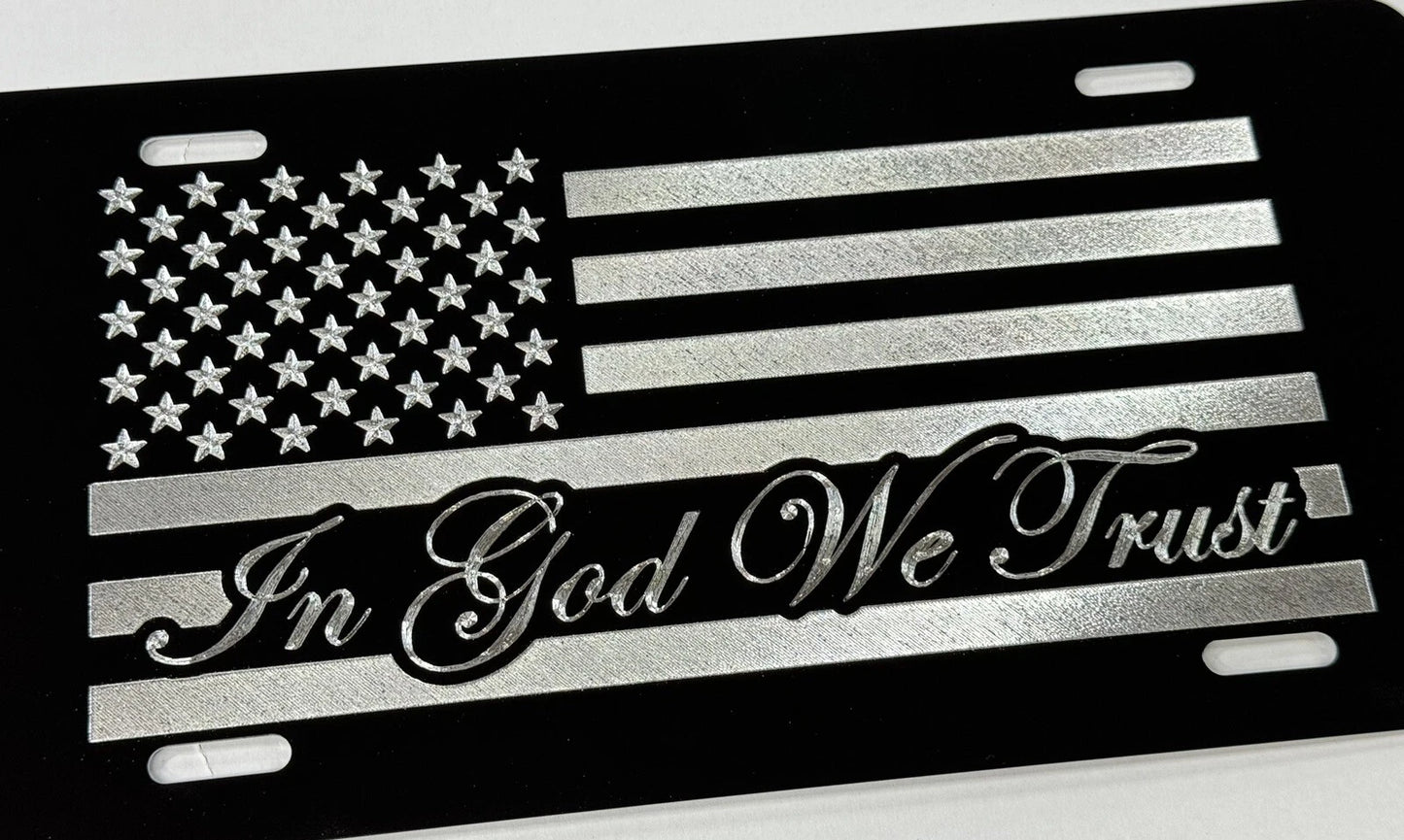 Engraved In God We Trust US USA Flag Diamond Etched Black Car Tag License Plate