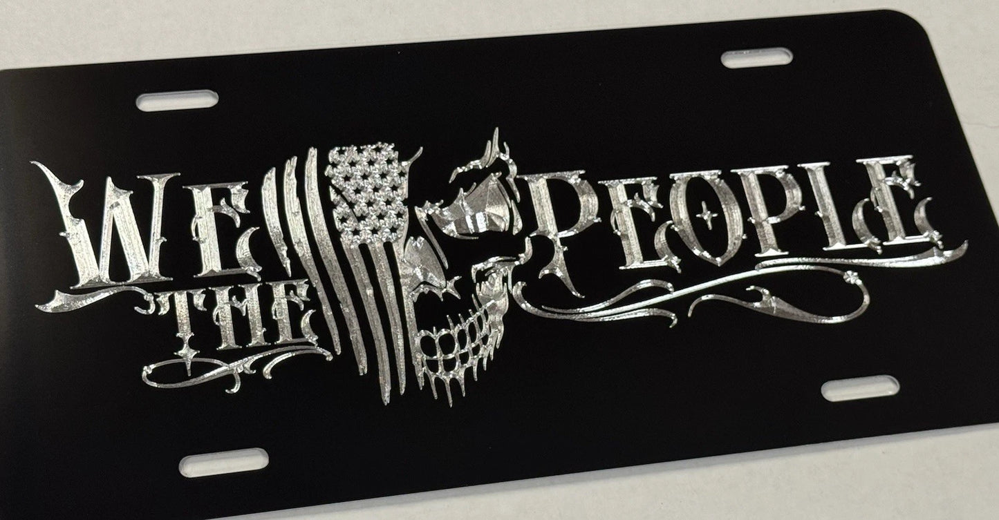 WE THE PEOPLE US Flag Skull Patriotic Car Tag Diamond Etched License Plate