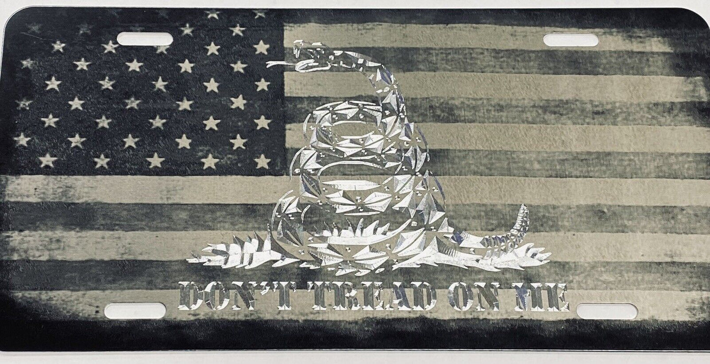 Gadsen Flag on USA Flag Diamond Etched/Laser Engraved Aluminum License Plate