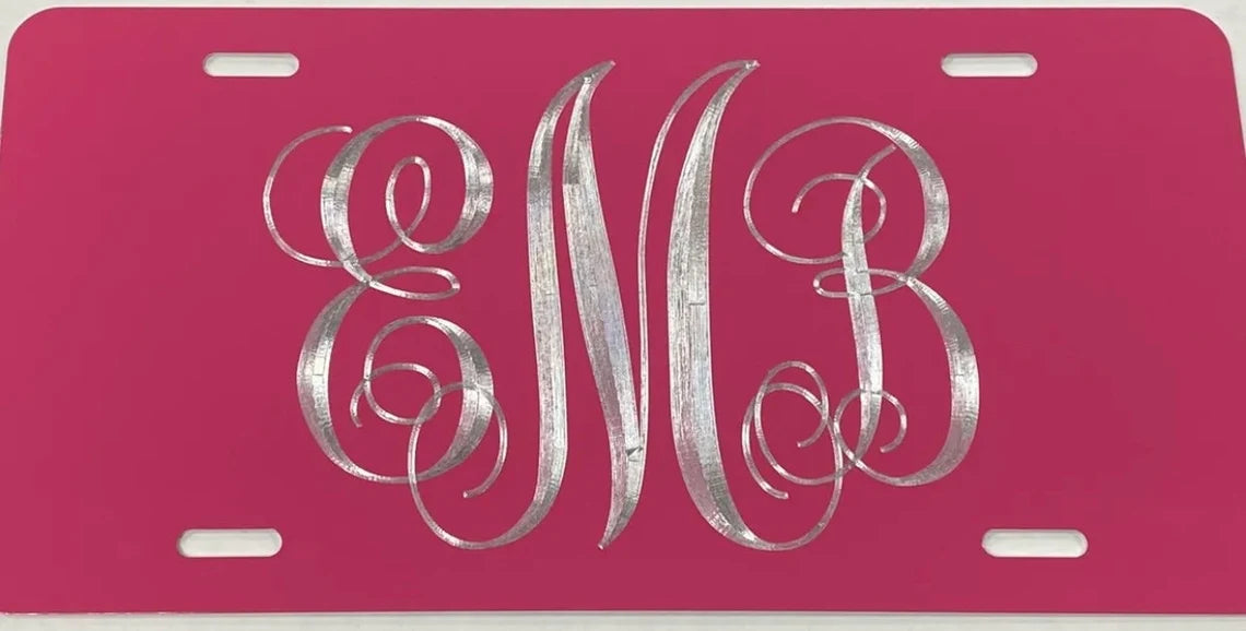 Custom 3 Letter Monogram Diamond Etched on Aluminum License Plate, Car Tag