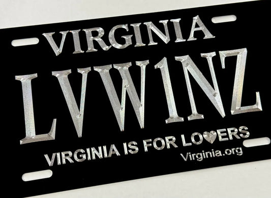 Custom State Virginia Diamond Etched on Aluminum License Plate, Car Tag