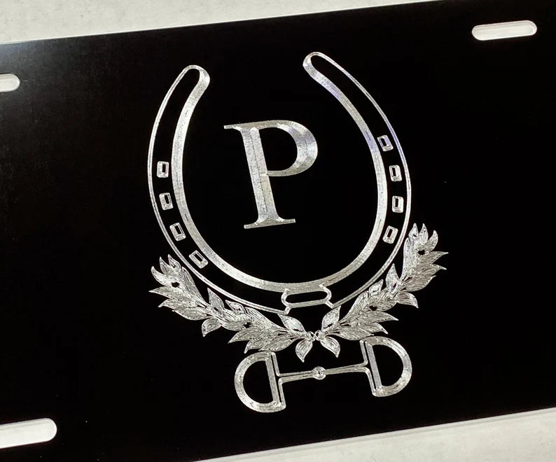 Custom Letter with Horse Shoe Diamond Etched on Aluminum License Plate, Car Tag