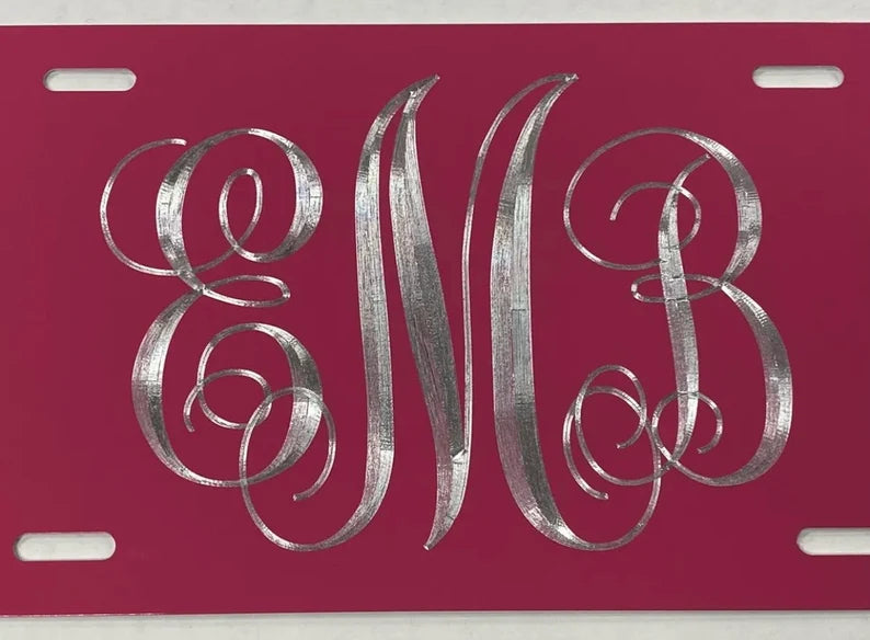 Custom 3 Letter Monogram Diamond Etched on Aluminum License Plate, Car Tag