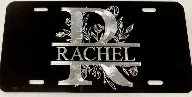 Custom Name & Letter with Flowers Diamond Etched on Aluminum License Plate, Car Tag