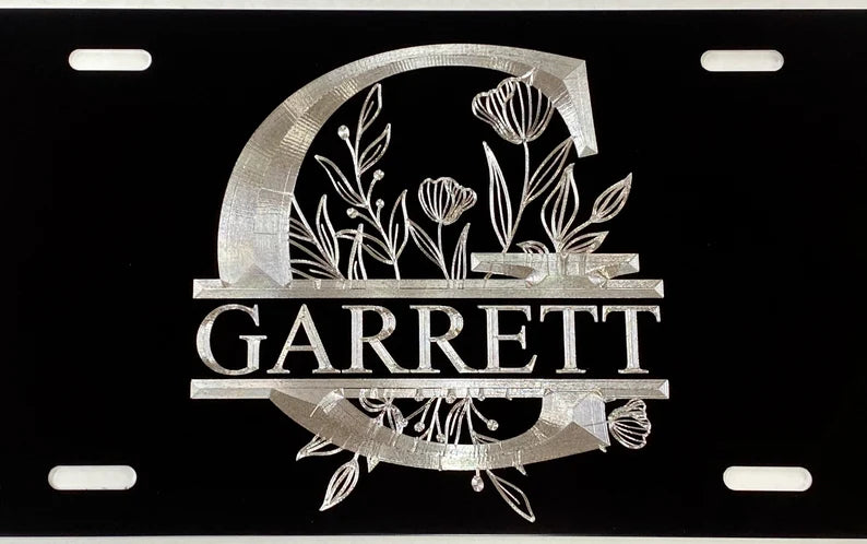 Custom Name & Letter with Flowers Diamond Etched on Aluminum License Plate, Car Tag