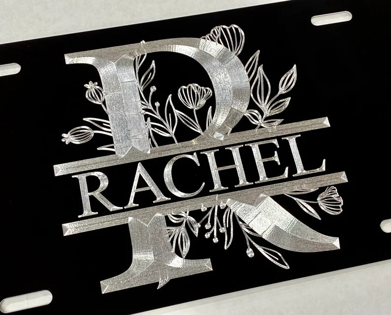 Custom Name & Letter with Flowers Diamond Etched on Aluminum License Plate, Car Tag