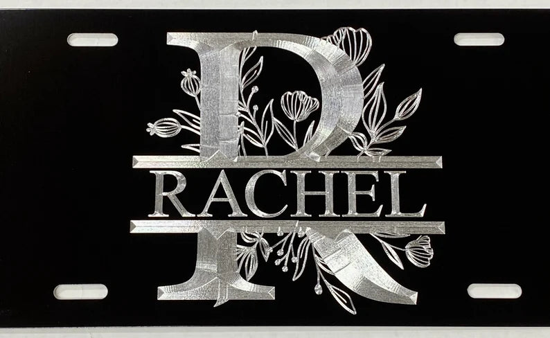 Custom Name & Letter with Flowers Diamond Etched on Aluminum License Plate, Car Tag