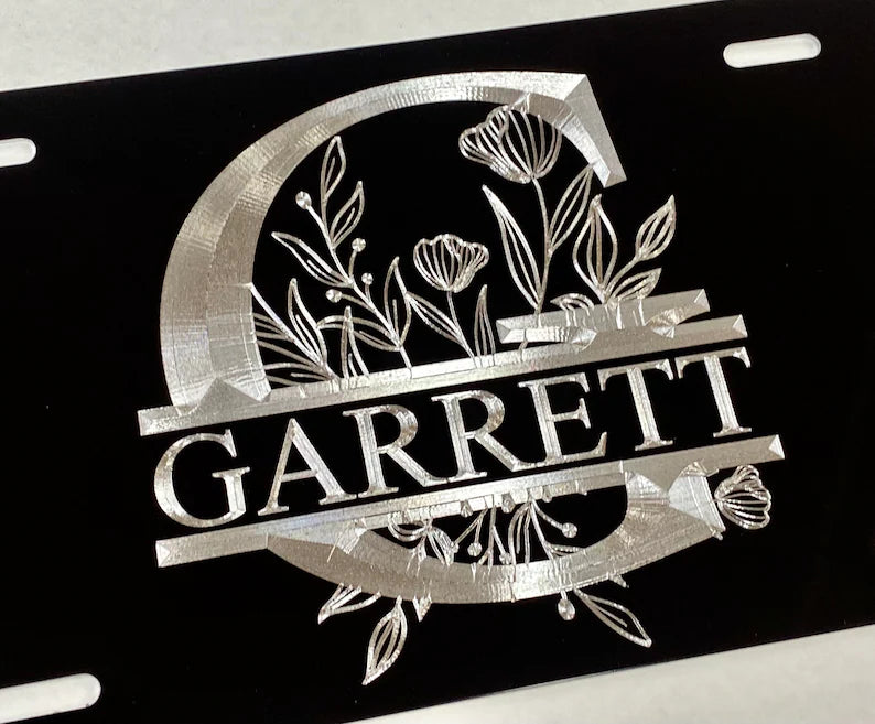 Custom Name & Letter with Flowers Diamond Etched on Aluminum License Plate, Car Tag