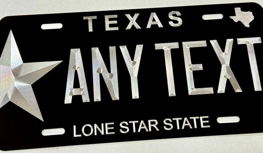 Custom State Texas Diamond Etched on Aluminum License Plate, Car Tag