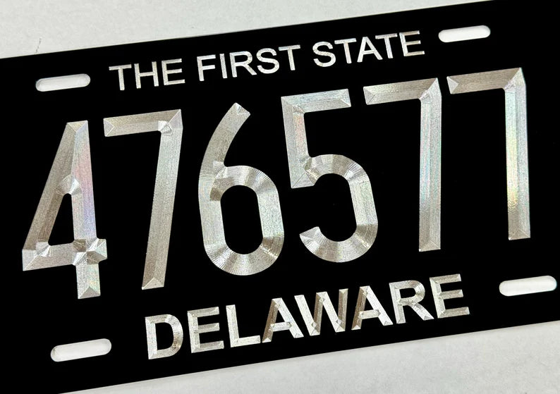 Custom State Delaware Diamond Etched on Aluminum License Plate, Car Tag