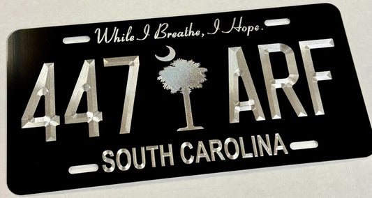 Custom State South Carolina Diamond Etched on Aluminum License Plate, Car Tag