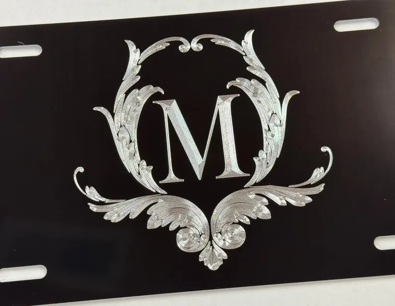 Custom Letter with Filigree Diamond Etched on Aluminum License Plate, Car Tag