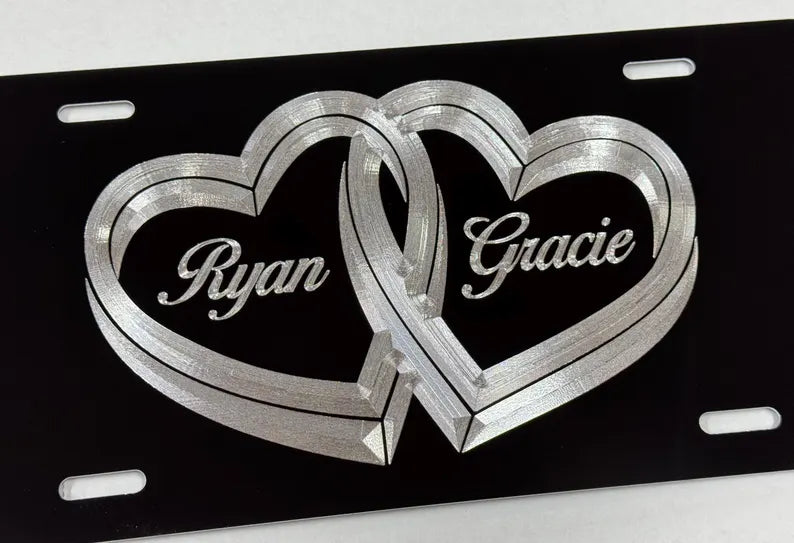 Custom Interlocking Hearts Names Diamond Etched on Aluminum License Plate, Car Tag