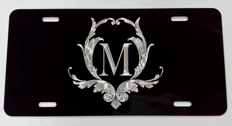 Custom Letter with Filigree Diamond Etched on Aluminum License Plate, Car Tag