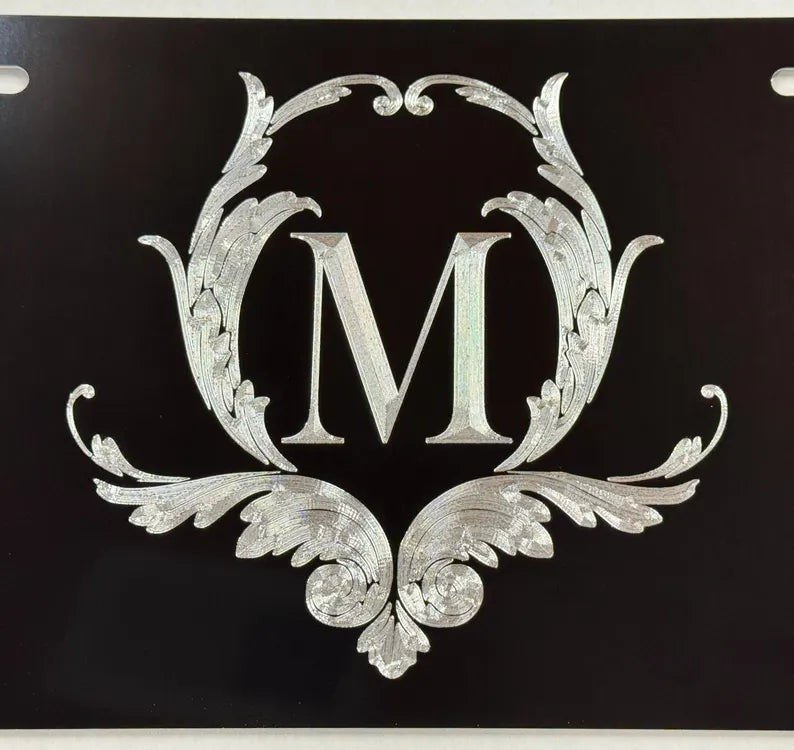 Custom Letter with Filigree Diamond Etched on Aluminum License Plate, Car Tag