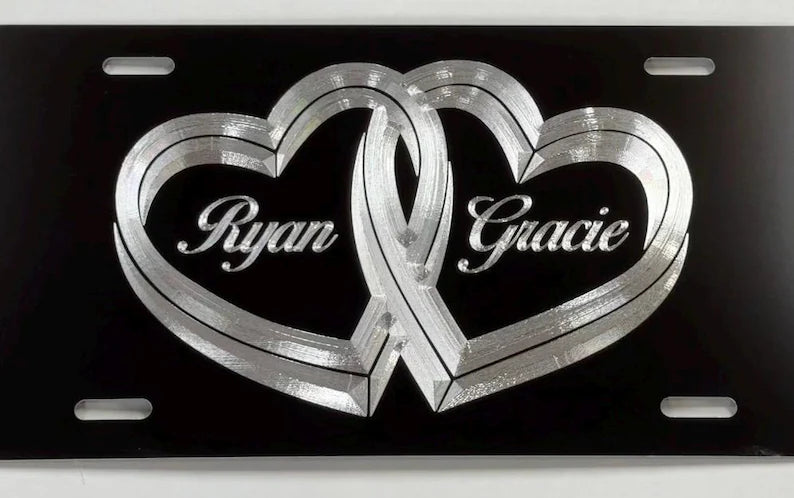 Custom Interlocking Hearts Names Diamond Etched on Aluminum License Plate, Car Tag