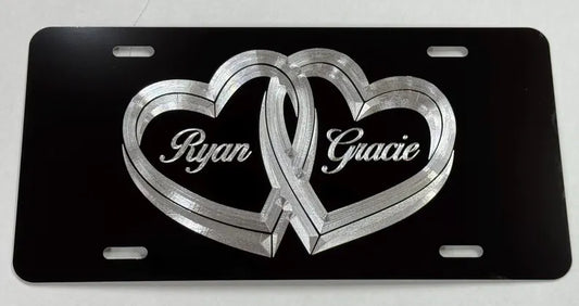 Custom Interlocking Hearts Names Diamond Etched on Aluminum License Plate, Car Tag