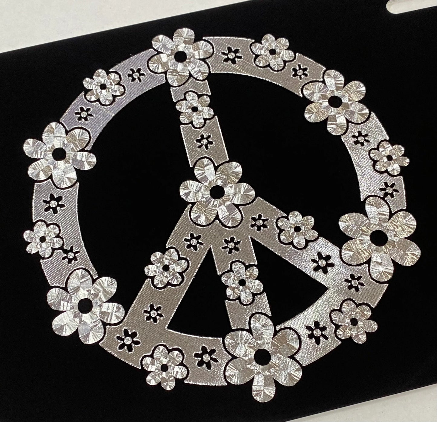 Engraved Flower Peace Sign Car Tag