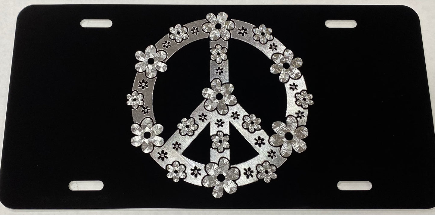 Engraved Flower Peace Sign Car Tag