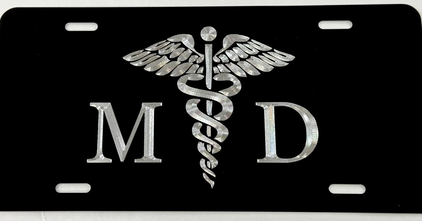 Silver Engraved MD Medical Doctor Caduceus Car Tag
