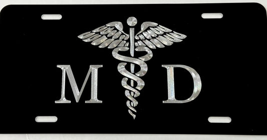 Silver Engraved MD Medical Doctor Caduceus Car Tag