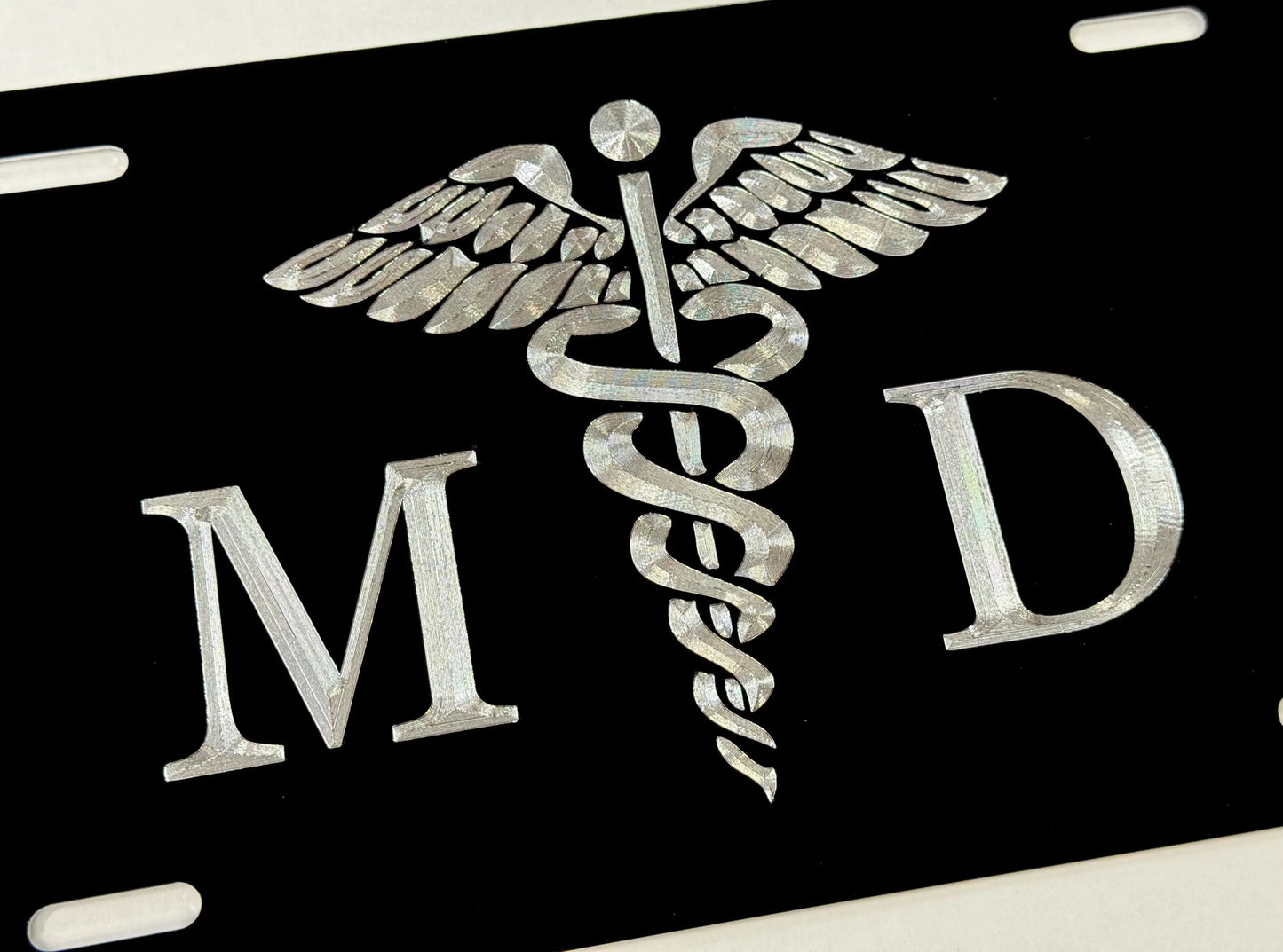 Silver Engraved MD Medical Doctor Caduceus Car Tag