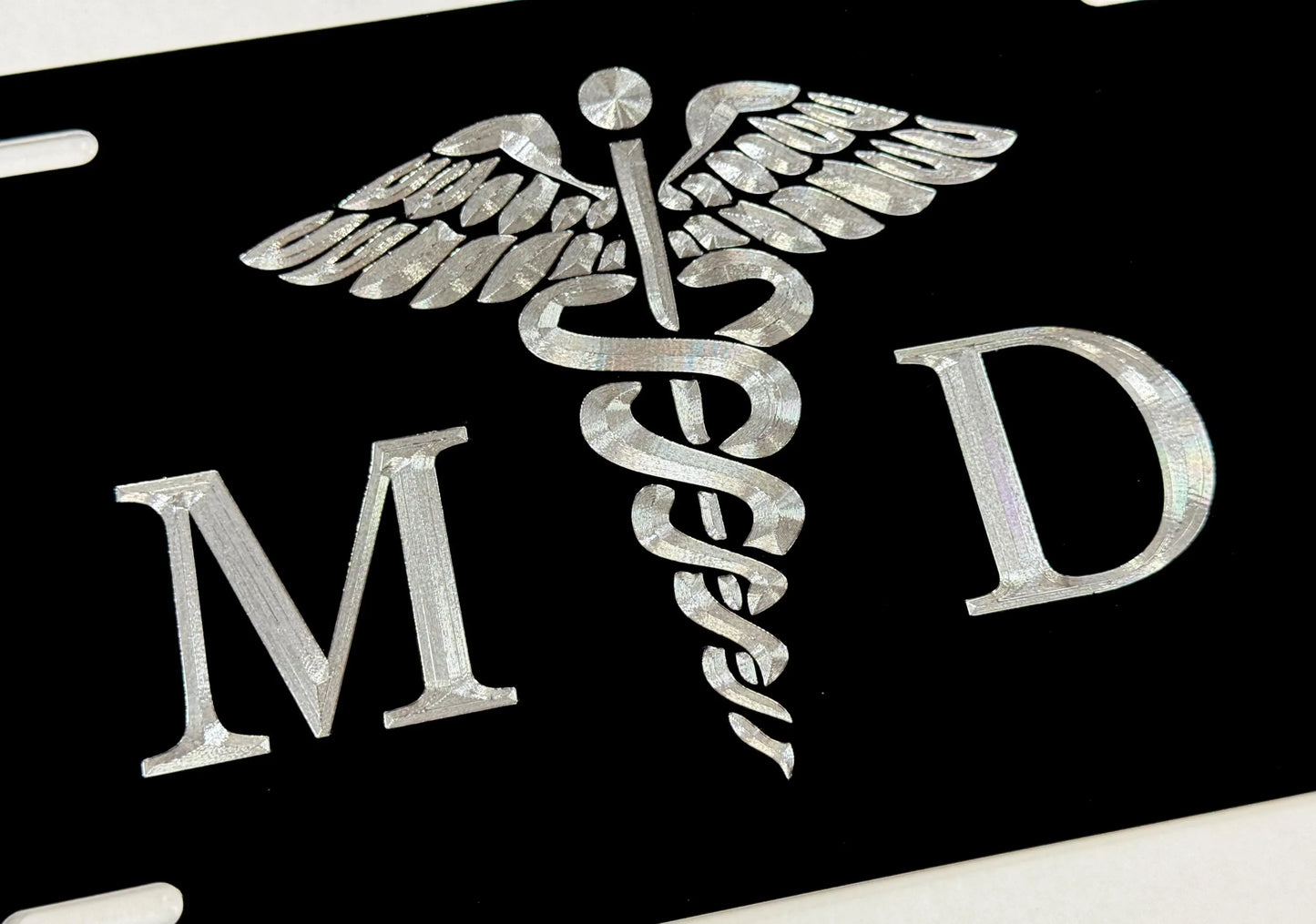 Silver Engraved MD Medical Doctor Caduceus Car Tag