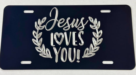 Deep Engraved Jesus Loves You Car Tag