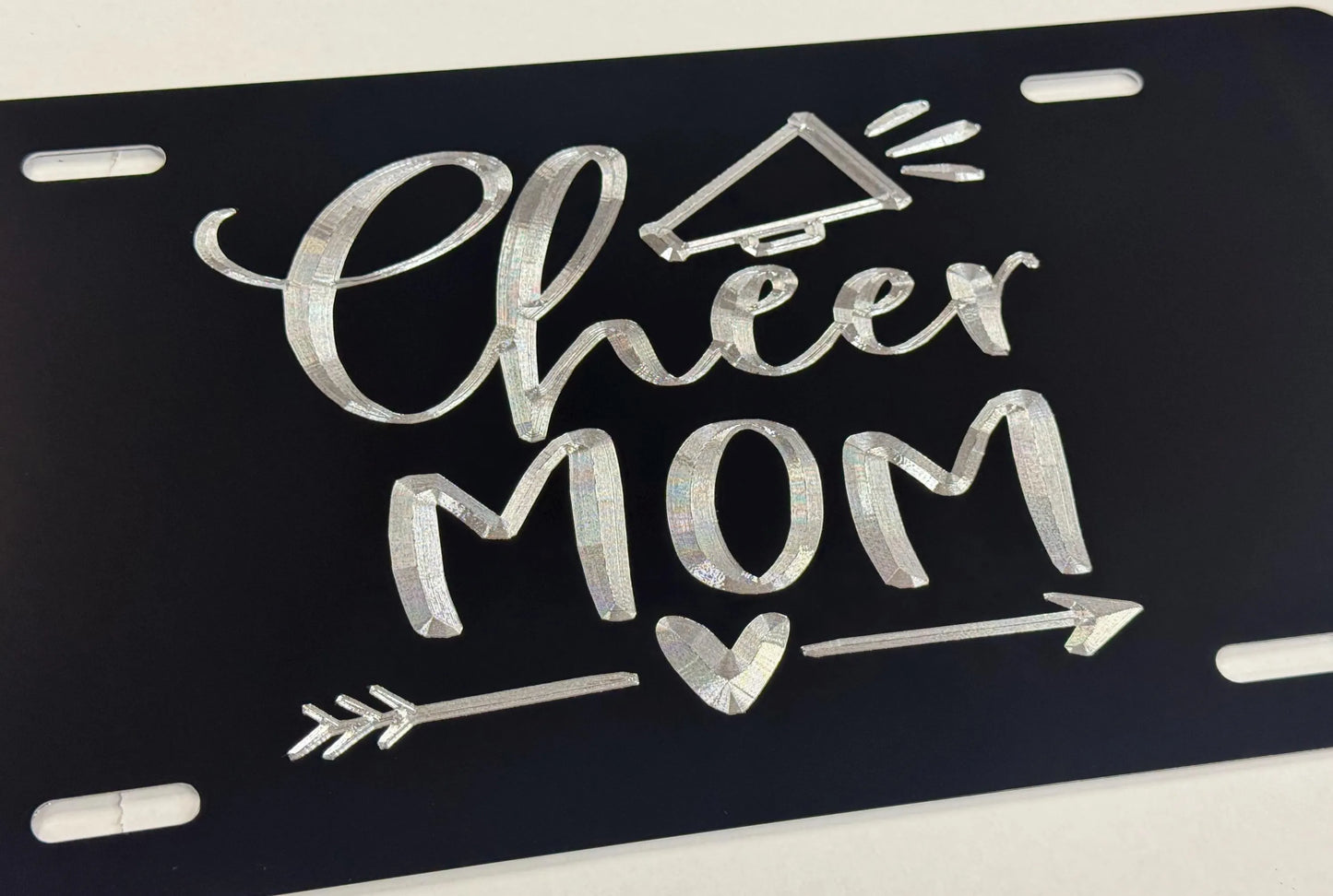 Deep Engraved Cheer Mom Car Tag - Black
