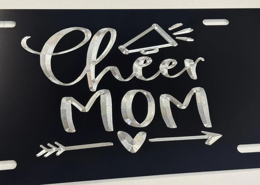 Deep Engraved Cheer Mom Car Tag - Black