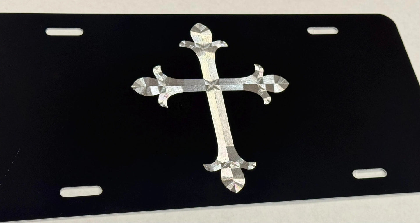 Silver Engraved 3D Christian Cross Car Tag