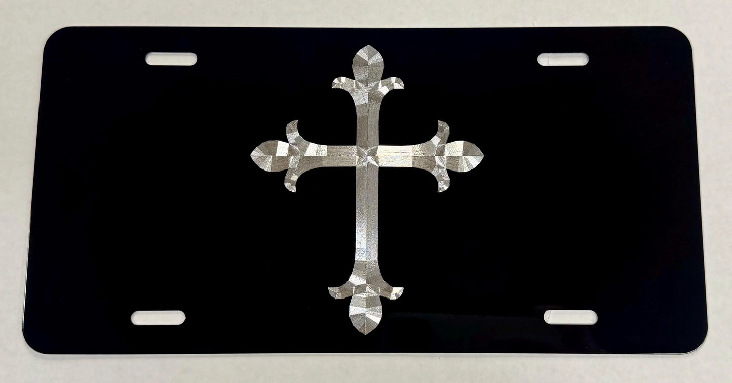 Silver Engraved 3D Christian Cross Car Tag