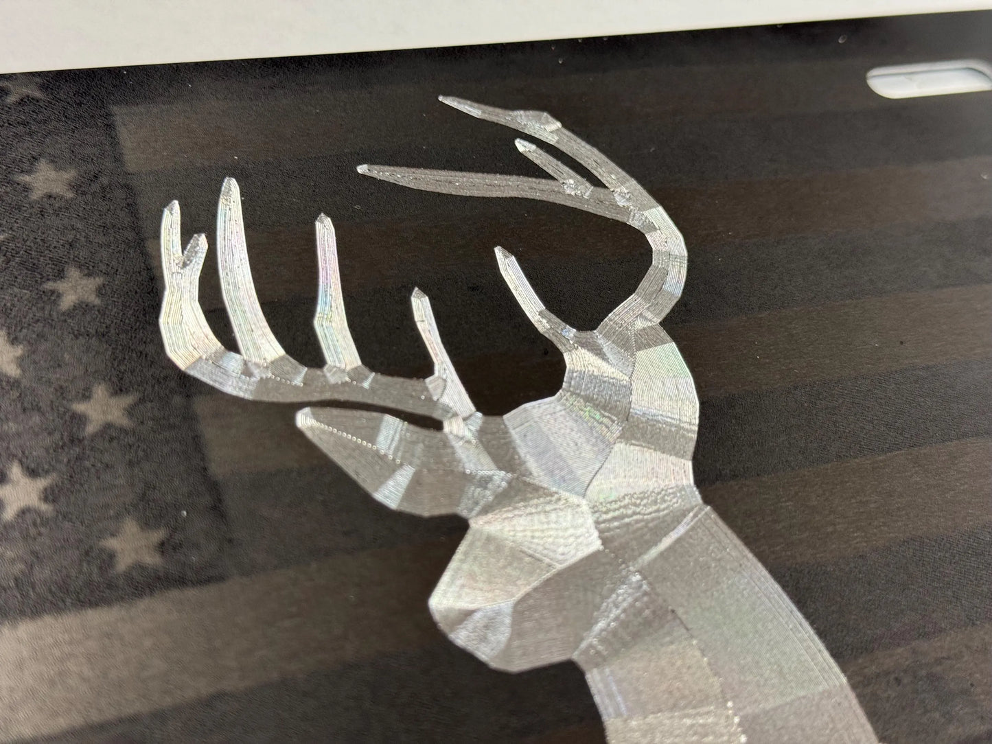 Laser US Flag & Diamond Etched Deer Head Car Tag