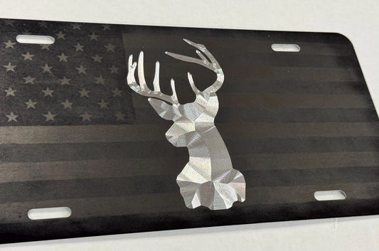 Laser US Flag & Diamond Etched Deer Head Car Tag