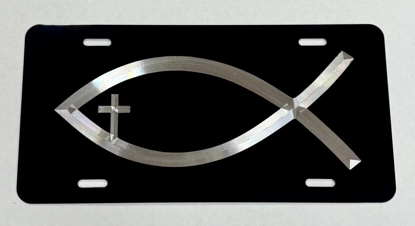 Engraved Christian Fish With Cross Car Tag