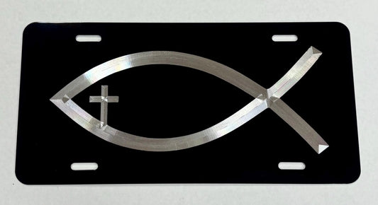 Engraved Christian Fish With Cross Car Tag