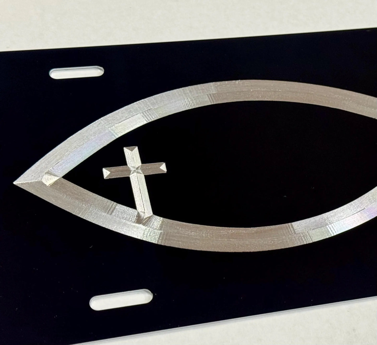 Engraved Christian Fish With Cross Car Tag