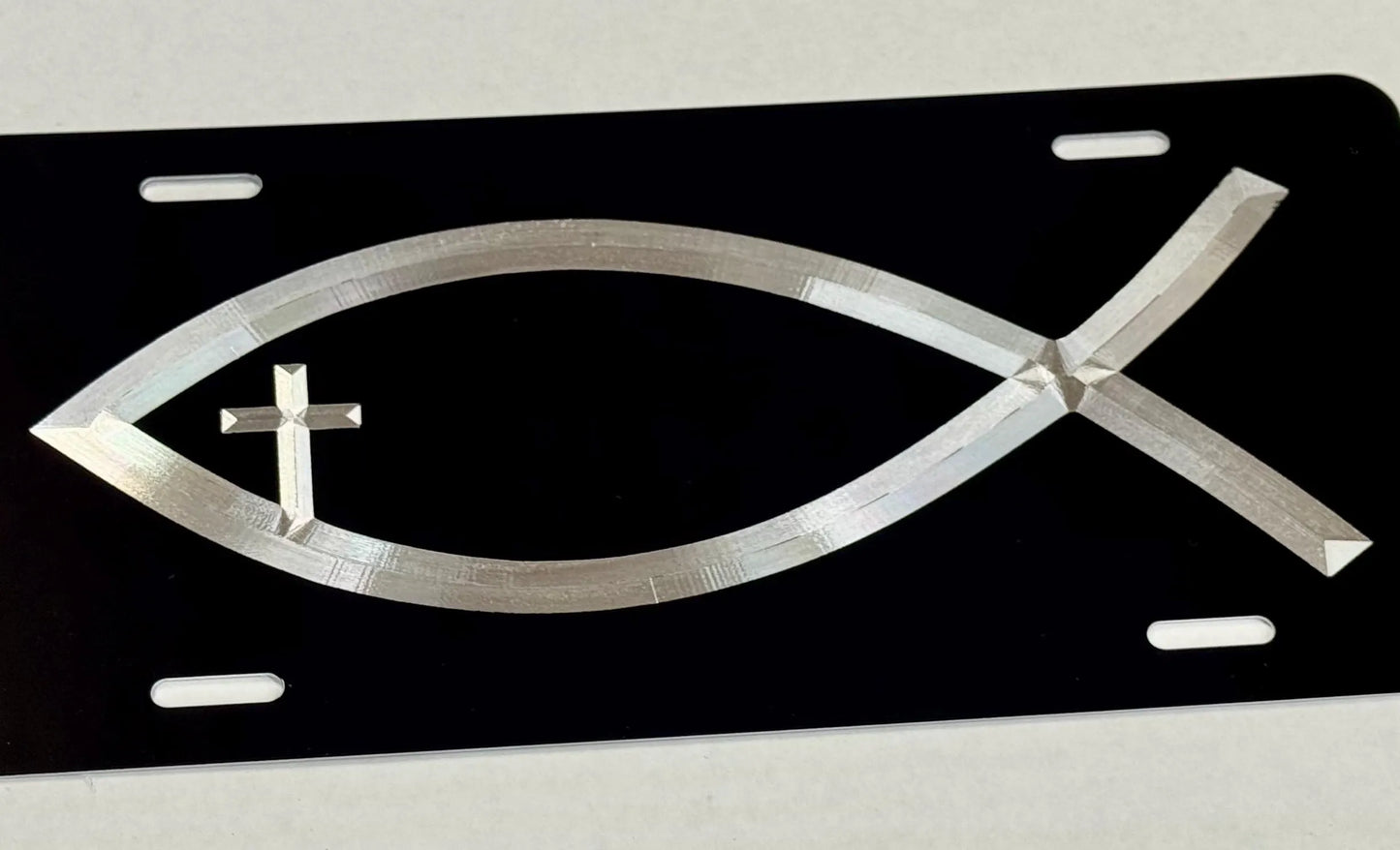 Engraved Christian Fish With Cross Car Tag