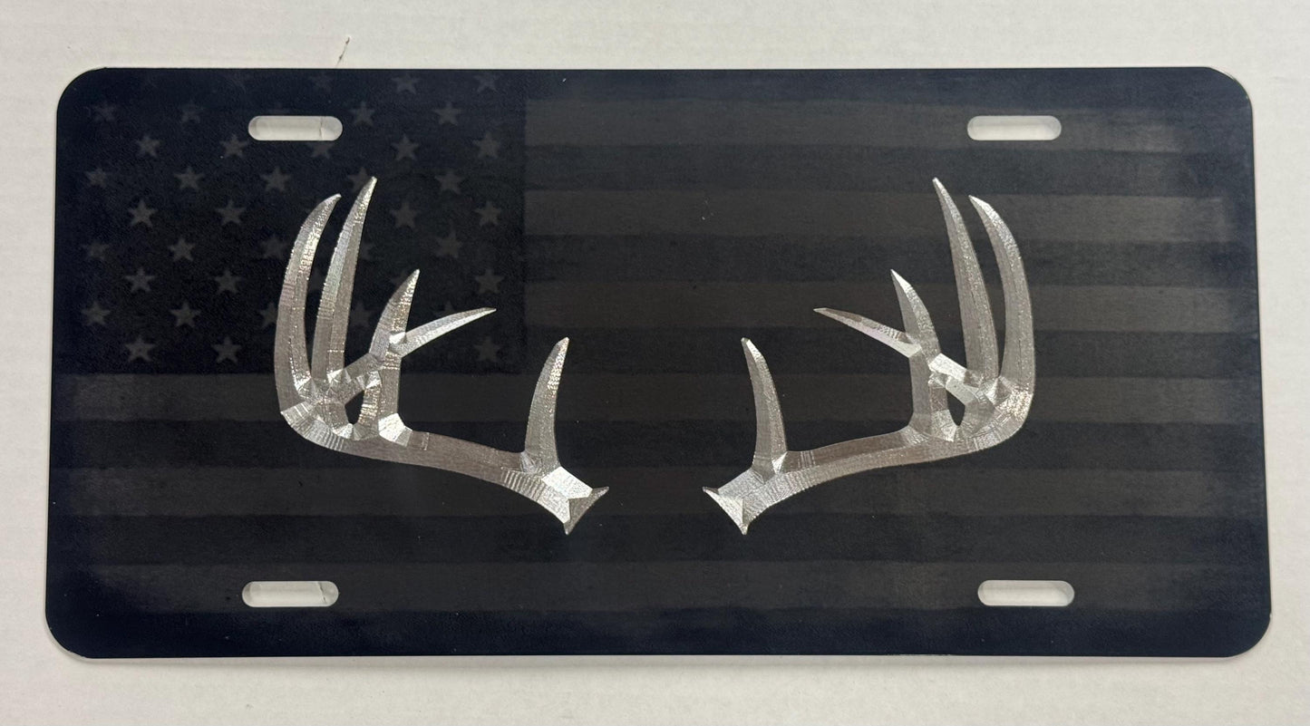 Engraved Deer Antlers Combo Laser US Flag Car Tag